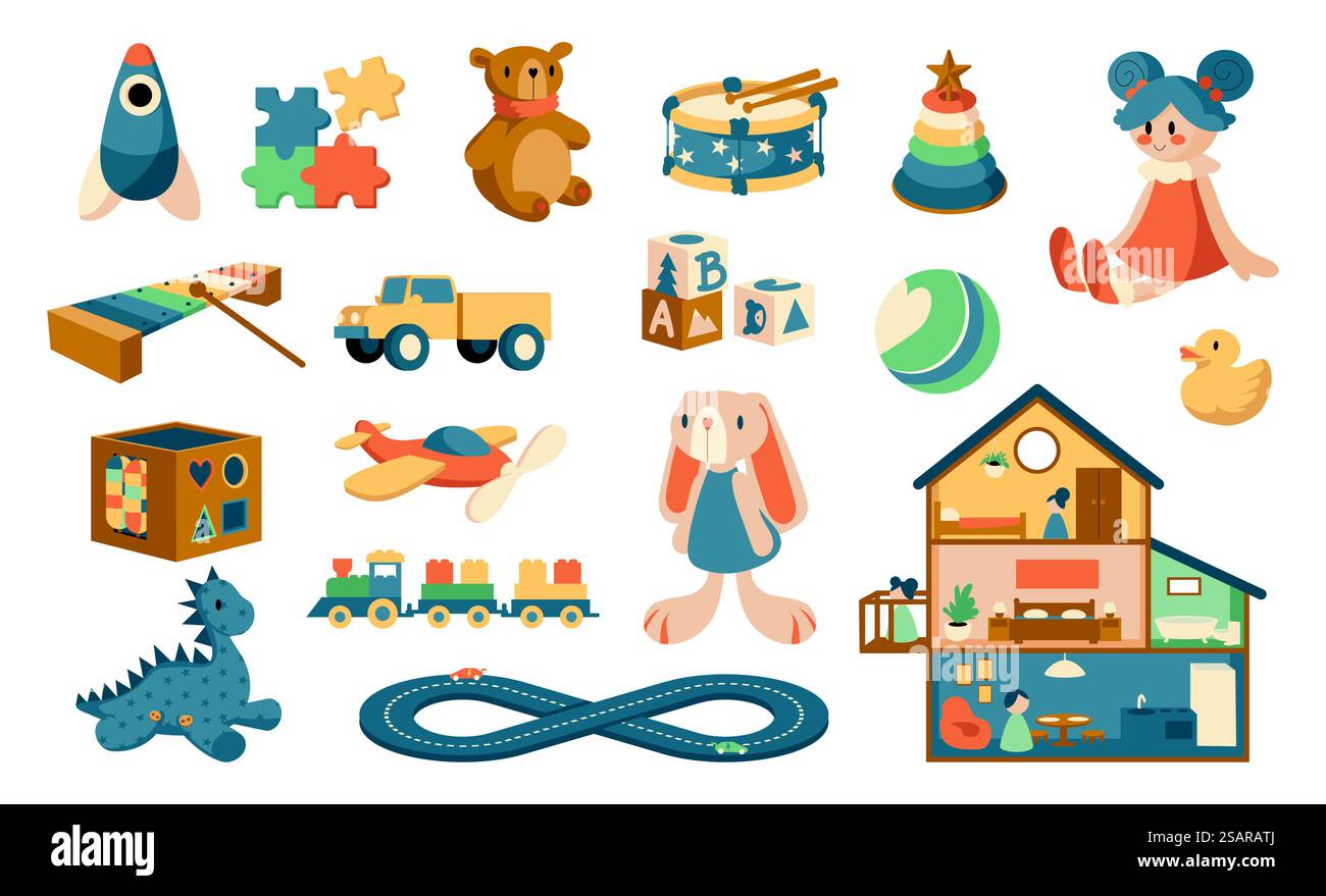 Giocattoli a cartoni animati. Oggetti per bambini per giocare. Puzzle e puzzle educativi per bambini. Animali di peluche isolati o una graziosa casa delle bambole. Strumenti musicali per bambini. Set di gioco vettoriale divertente e colorato. Giocattoli a cartoni animati. Oggetti per bambini per giocare. Puzzle e puzzle educativi per bambini. Animali di peluche o una bella casa per bambole. Strumenti musicali per bambini. Set di giochi vettoriali colorati Illustrazione Vettoriale