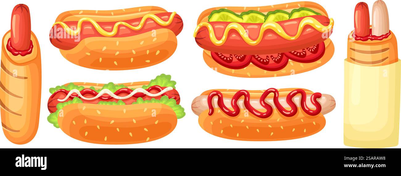 Hotdog dei cartoni animati. Hot dog francese, cibo di strada con salsiccia, salsa e set illustrativo vettoriale con semi di sesamo. Spuntino americano, ketchup caldo, senape, pomodoro e cetriolo. Pasto delizioso. Hotdog dei cartoni animati. Hot dog francese, cibo di strada con salsiccia, salsa e set di illustrazioni vettoriali per panini con semi di sesamo Illustrazione Vettoriale