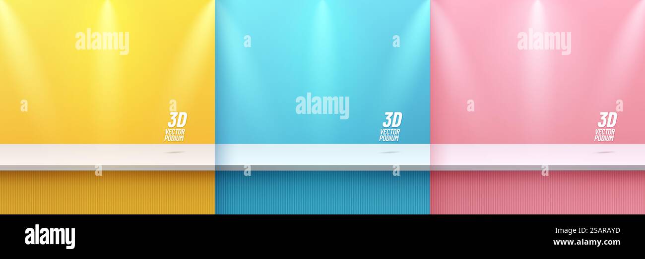 Set di sfondo 3D con podio bianco o tavolo da lavoro su parete e faretto minimale giallo, blu e rosa. Progettazione di forme geometriche vettoriali astratte. Display del prodotto di mockup. Palcoscenico per la vetrina. Illustrazione Vettoriale