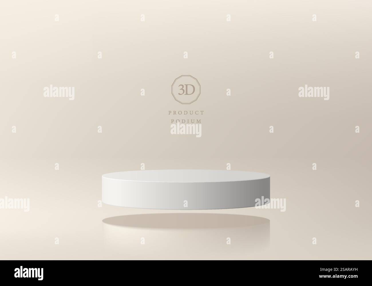 Sfondo astratto della stanza beige 3D, podio realistico con cilindro color crema bianca che galleggia sull'aria. Espositore di prodotti mockup per pareti minimali color pastello. Forme geometriche vettoriali. Palco rotondo per la vetrina. Illustrazione Vettoriale