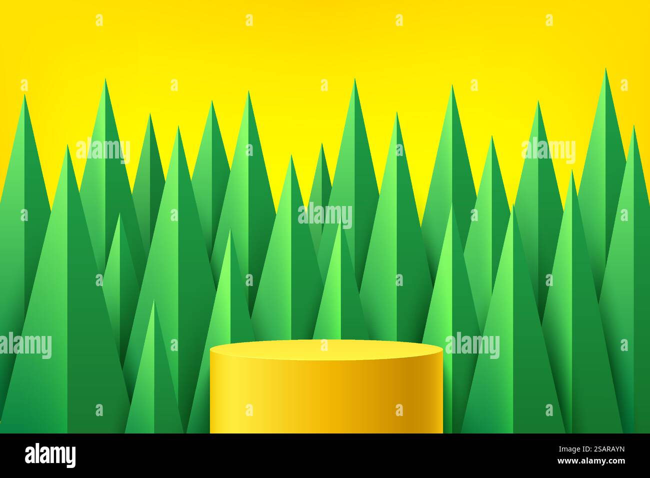 Podio piattaforma giallo. La forma del triangolo verde si sovrappone su sfondo giallo. Scena murale astratta. Piedistallo geometrico concetto estivo naturale. Rendering vettoriale della forma 3d per la presentazione della visualizzazione del prodotto. Illustrazione Vettoriale