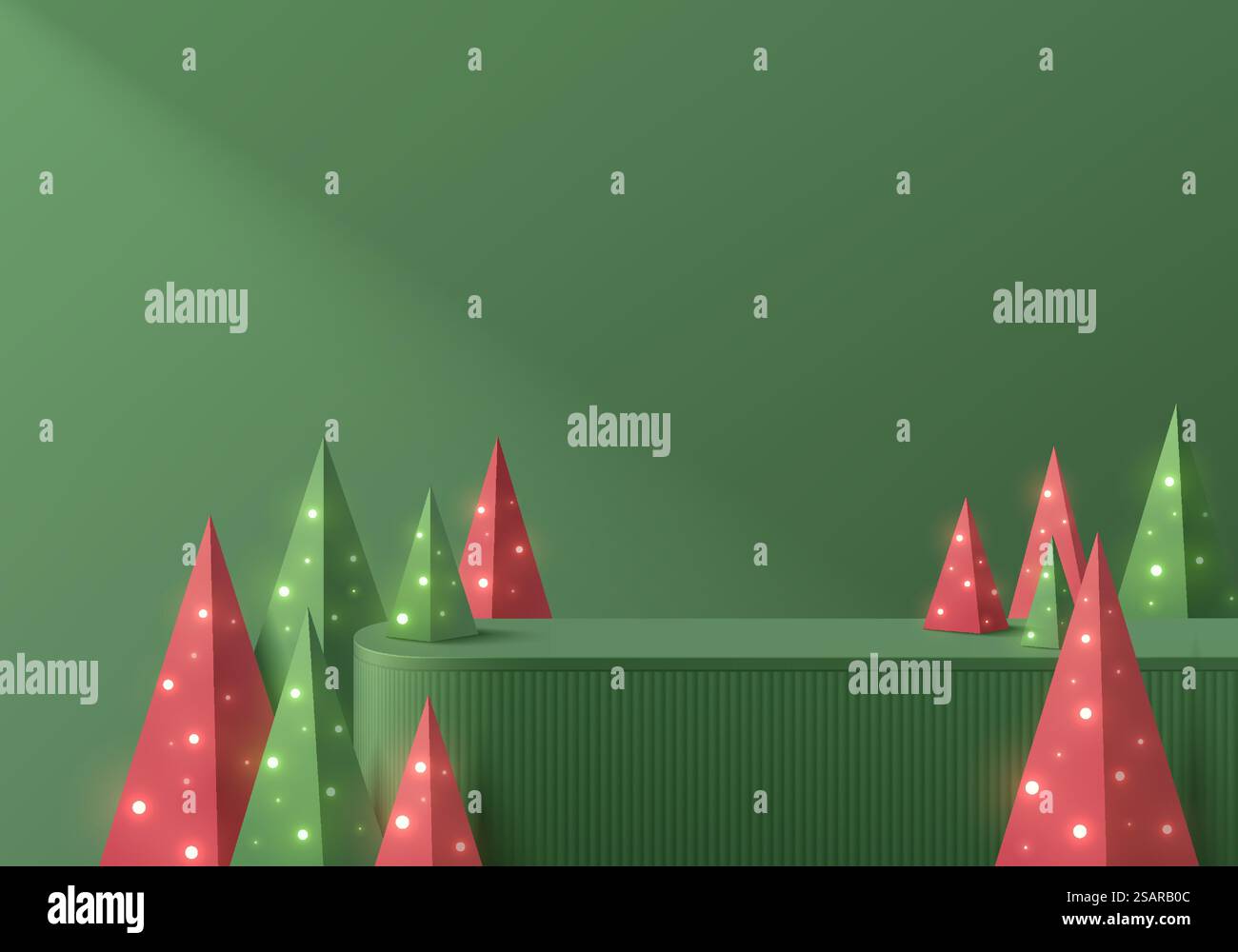 Sfondo abstract 3D con piedistallo rotondo e realistico podio verde, luce natalizia su albero rosso e verde. Mockup minimalista Mery christmas. Forme geometriche vettoriali. Vetrina sul palcoscenico. Illustrazione Vettoriale
