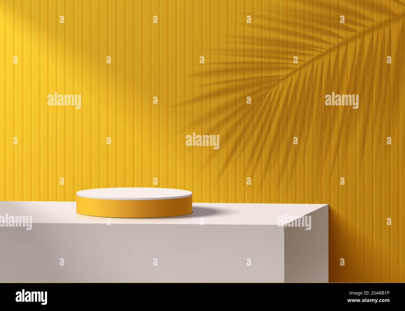 Sfondo giallo 3D con piedistallo cilindrico realistico su tavolo cubo bianco, sovrapposizione ombreggiata palma. Visualizzazione astratta di un prodotto di mockup con scena murale minima. Forme geometriche. Palcoscenico per la vetrina. Illustrazione Vettoriale