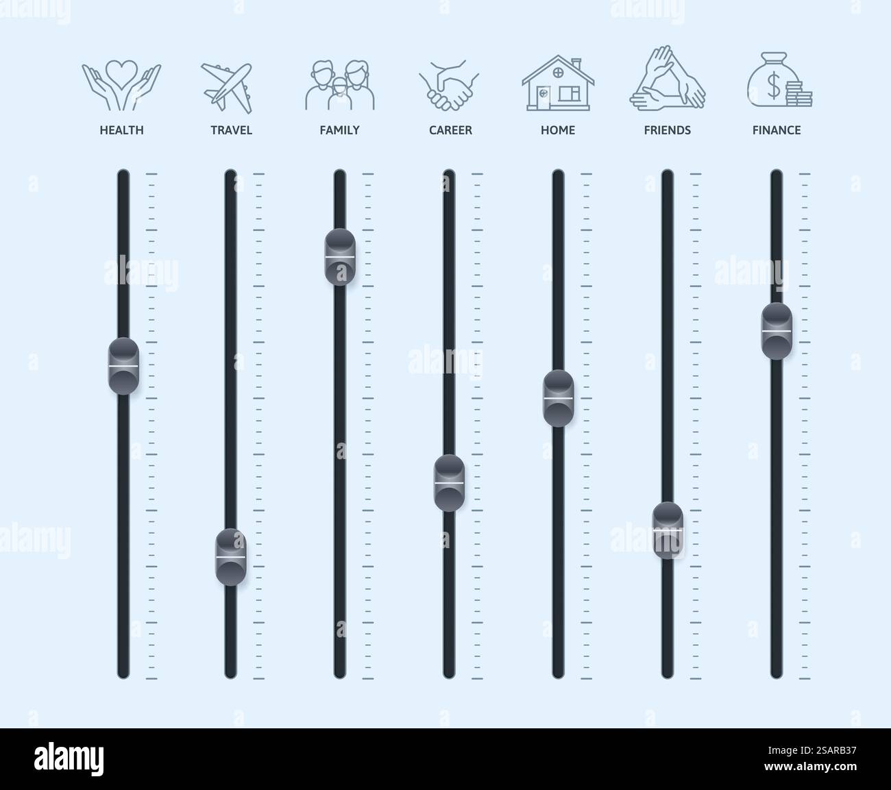 Priorità di equilibrio tra vita lavorativa e vita privata. Scheda di controllo con controller a scorrimento del mixer, illustrazione vettoriale di regolazione della gestione del tempo. Stile di vita armonico in ambiti come salute, viaggi, carriera e casa. Priorità di equilibrio tra vita lavorativa e vita privata. Scheda di controllo con controller a scorrimento del mixer, illustrazione vettoriale di regolazione della gestione del tempo Illustrazione Vettoriale