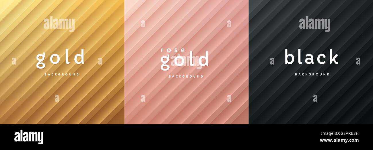 Set di oro 3d astratto, oro rosa e nero con sfondo a strisce diagonali per la presentazione del prodotto. Collezione di eleganti motivi geometrici con spazio per le copie. EPS10 vettoriale Illustrazione Vettoriale
