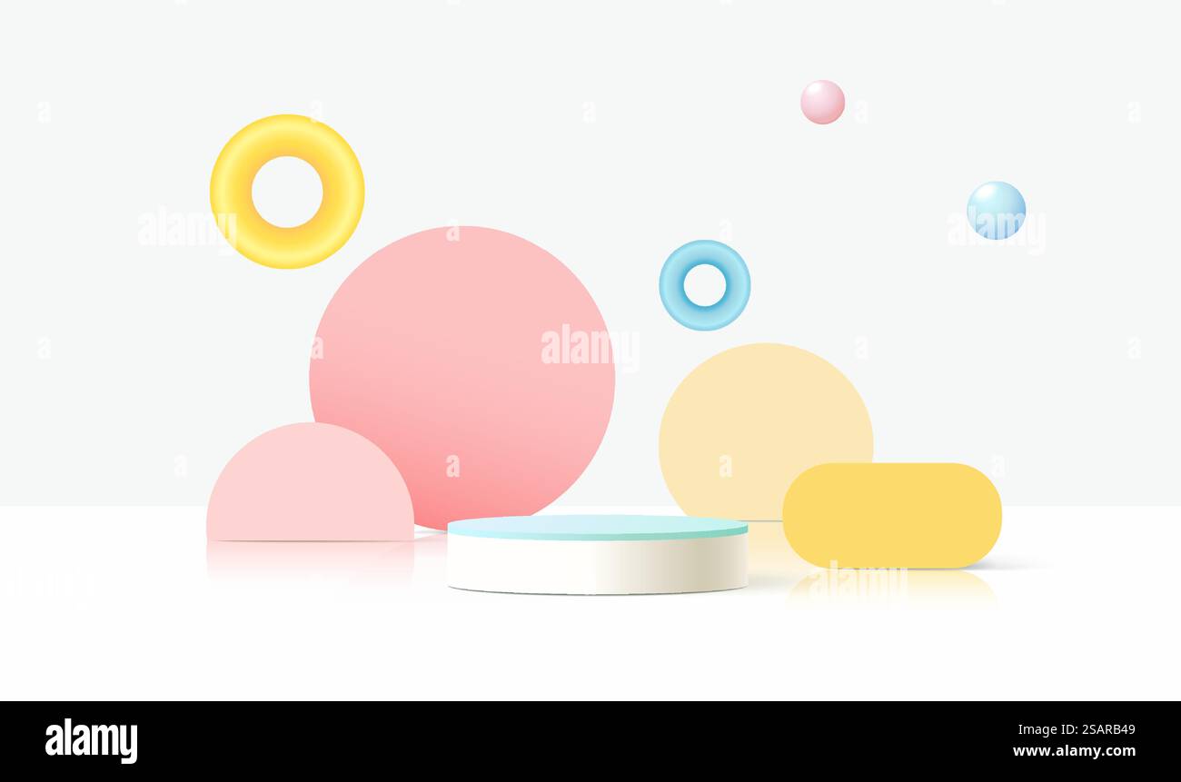 podio 3d su sfondo pastello forme geometriche astratte per l'esposizione di prodotti per bambini Illustrazione Vettoriale