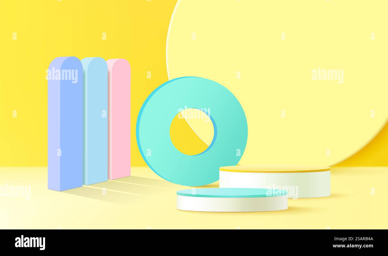 podio 3d su sfondo pastello forme geometriche astratte per l'esposizione di prodotti per bambini Illustrazione Vettoriale