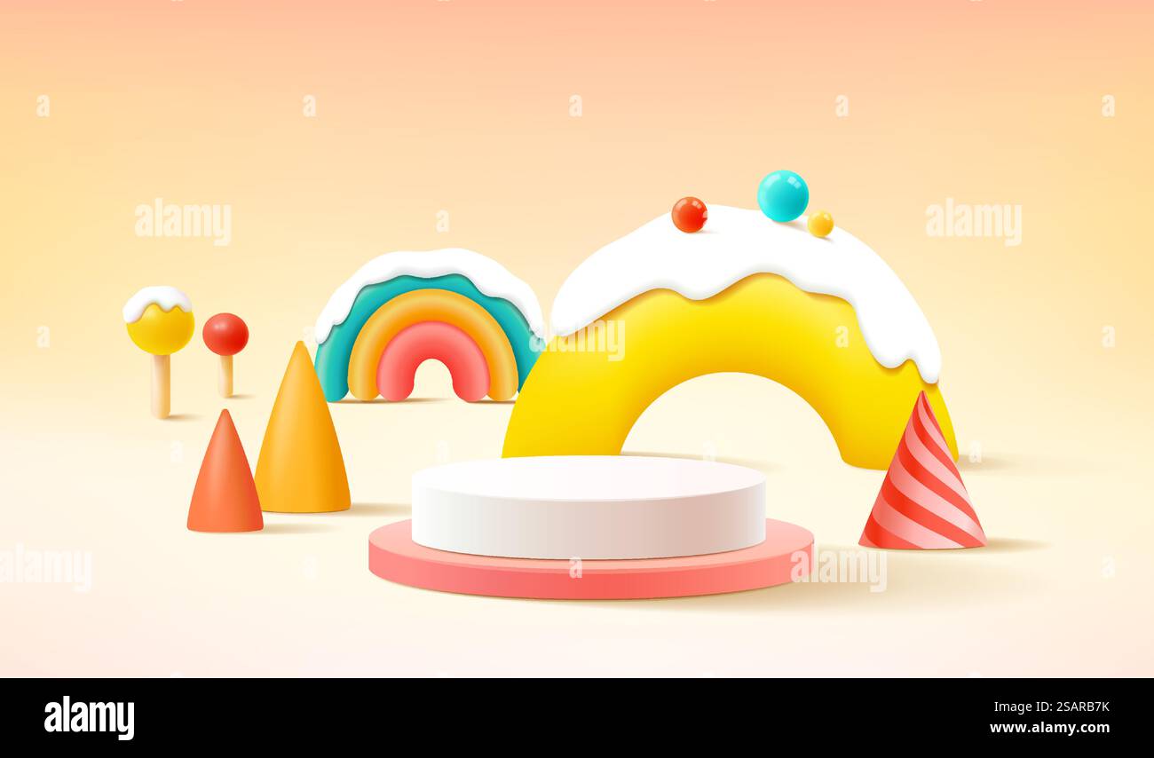 podio 3d su sfondo colorato forme geometriche astratte con grazioso arcobaleno, esposizione di prodotti per bambini Illustrazione Vettoriale