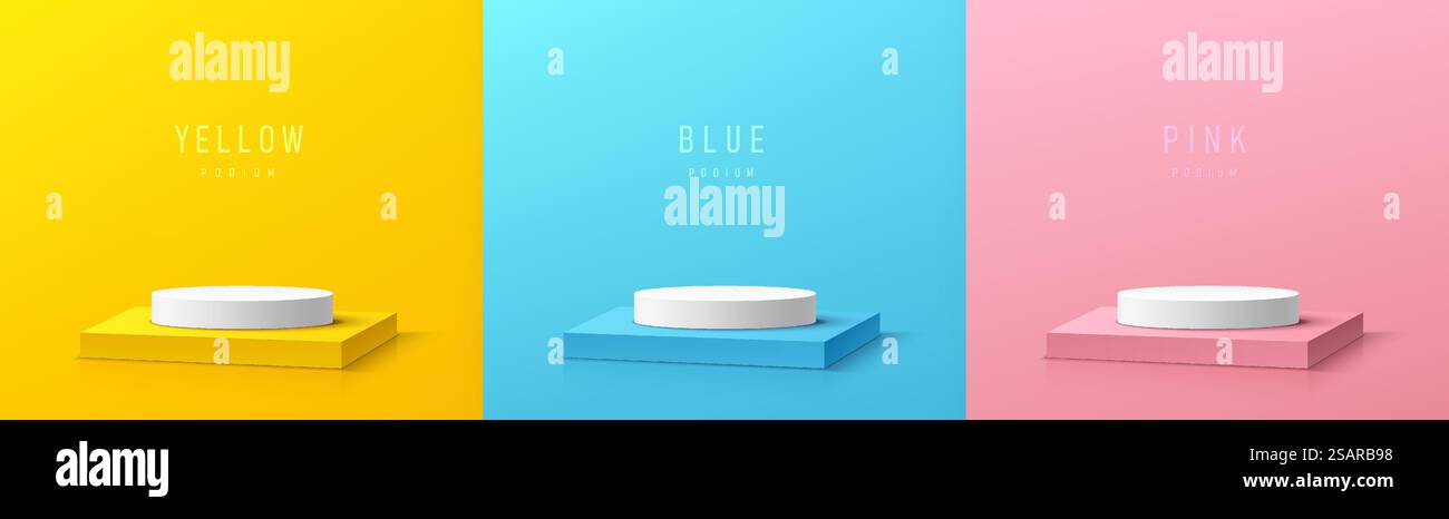 Set di piedistallo bianco realistico su podio cubico giallo, blu e rosa in una sala studio astratta. Rendering vettoriale della forma 3D. Cilindro e tavolino a cubo per l'esposizione del prodotto con una scena minimale pastello. Illustrazione Vettoriale