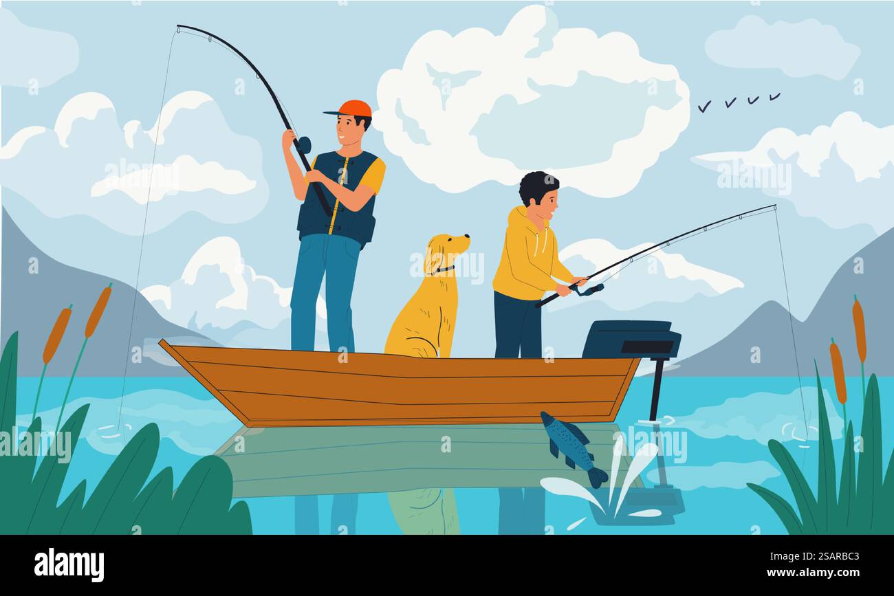 Pesca in famiglia. Padre e figlio dei cartoni animati che catturano pesci con le canne dalla barca sul lago. Hobby estivo e attività ricreative all'aperto. Vista panoramica naturale dell'acqua e delle montagne. Illustrazione Vector Fisherman. Pesca in famiglia. Padre e figlio catturano pesci con le canne dalla barca sul lago. Hobby estivo e attività ricreative all'aperto. Vista panoramica sull'acqua e sulle montagne. Illustrazione Vector Fisherman Illustrazione Vettoriale