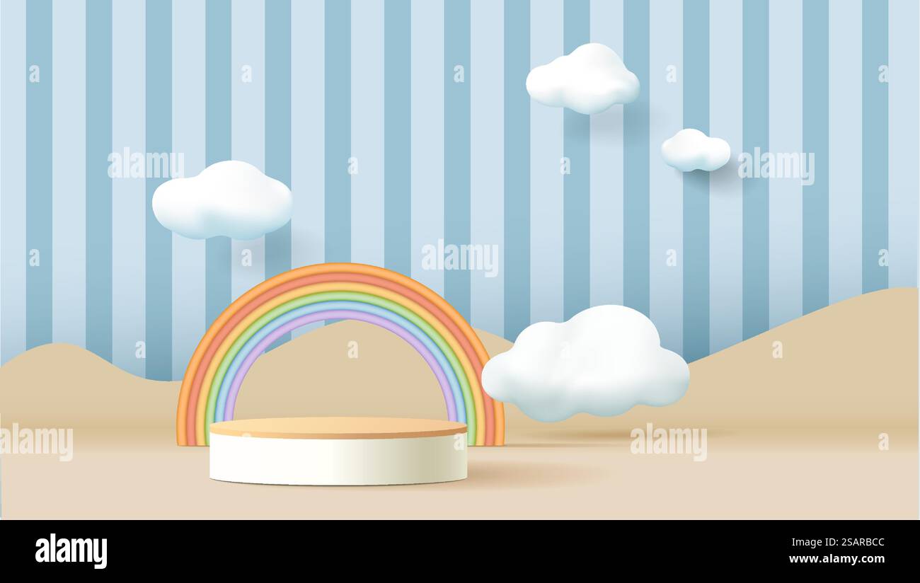 podio 3d su sfondo pastello con nuvole e grazioso arcobaleno, esposizione di prodotti per bambini. Illustrazione Vettoriale