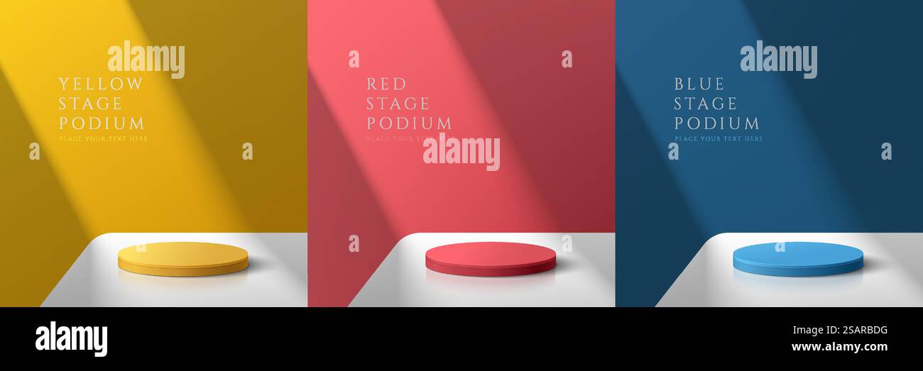 Set di podio per cilindri 3d realistici gialli, blu scuro e rosso su tavolo bianco nelle stanze astratte. Forme geometriche di rendering vettoriale. Scenografia colorata e minimalista. Palco per vetrina, esposizione del prodotto. Illustrazione Vettoriale