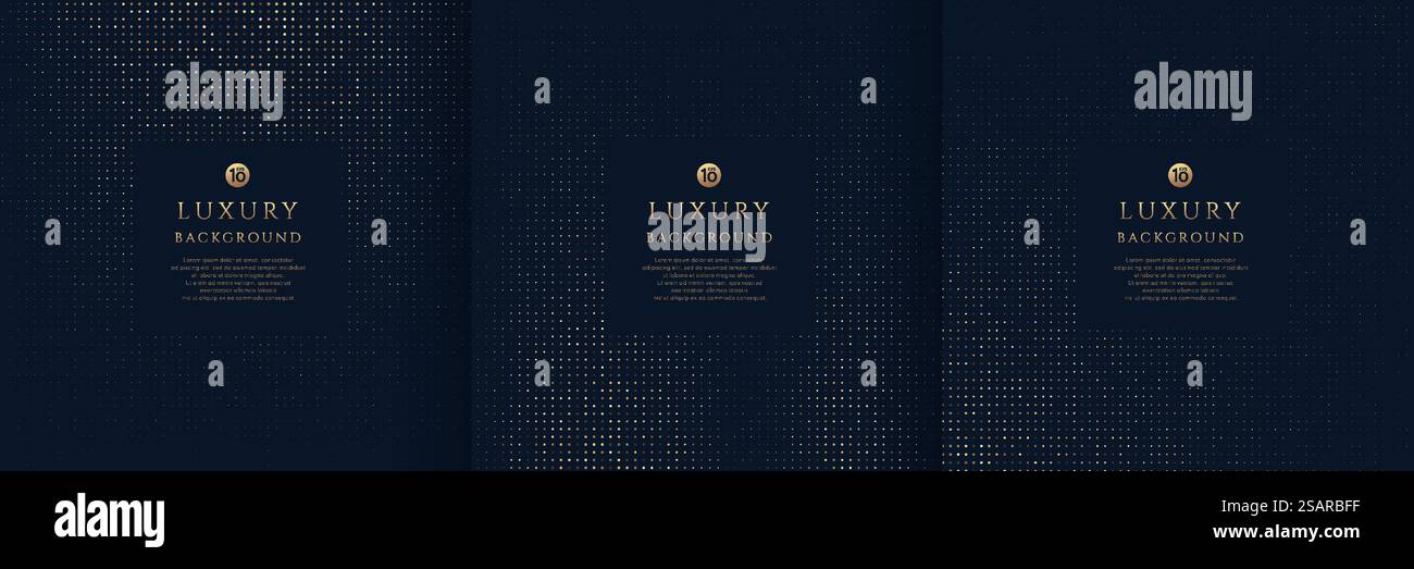 Set di scintillanti punti dorati che si sovrappongono su sfondo blu scuro. Collezione di eleganti motivi a mezzitoni con spazio per le copie. Design vettoriale per modello di copertina, poster, banner, annuncio a stampa. Illustrazione Vettoriale