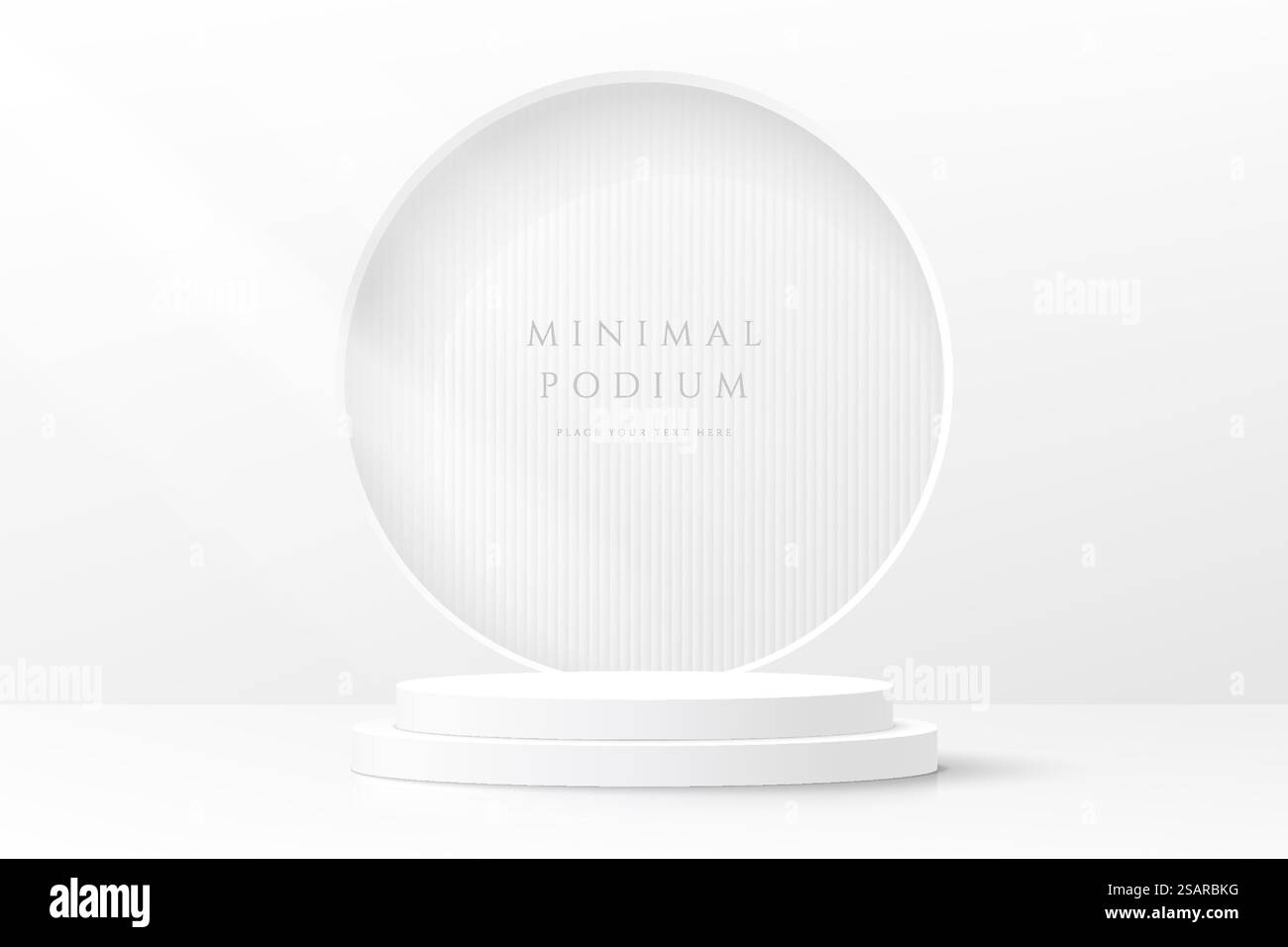 Camera 3D bianca astratta e pulita con piedistallo bianco realistico e finestra circolare sulla parete. Scenografia minima per la visualizzazione di un prodotto di mockup. Progettazione di forme geometriche vettoriali. Palcoscenico per la vetrina. Illustrazione Vettoriale
