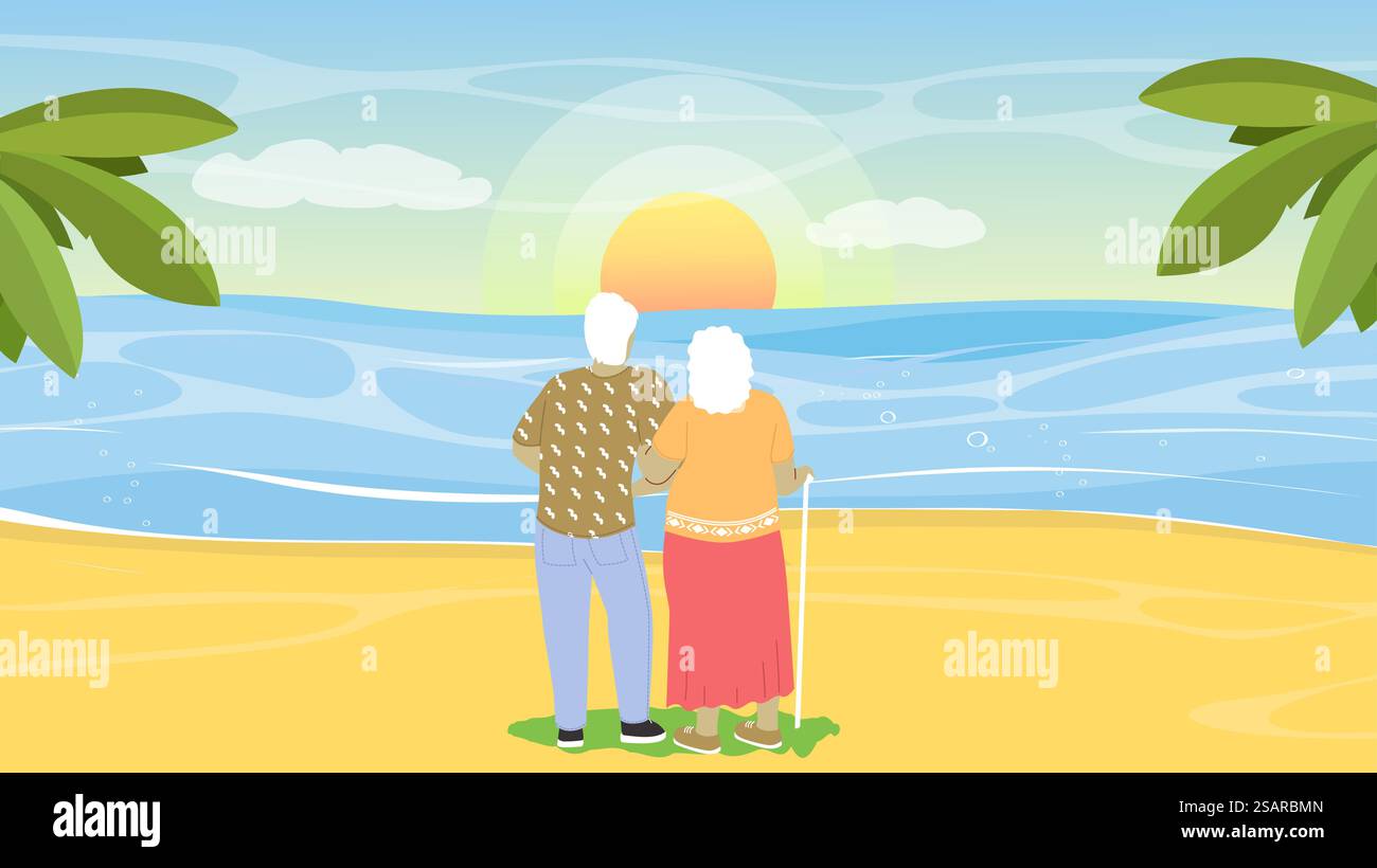 Una coppia anziana che ama guardare il tramonto durante un romantico appuntamento con un'illustrazione vettoriale sul mare. Vista dal retro su uomini e donne anziani che abbracciano godendosi la tranquillità dei migliori momenti della vita serale. Una coppia anziana che guarda il tramonto durante un romantico appuntamento sul mare Illustrazione Vettoriale