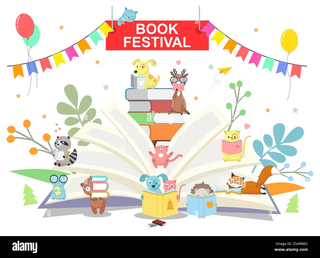 Festival del libro lettura intelligente di piccoli animali, scelta di un libro di testo, trasporto di letteratura impilata su un'enorme illustrazione vettoriale aperta. Libreria, libreria e servizio elettronico per la pubblicità dei lettori. Festival del libro piccolo animale intelligente sopra un'enorme illustrazione vettoriale aperta del libro Illustrazione Vettoriale