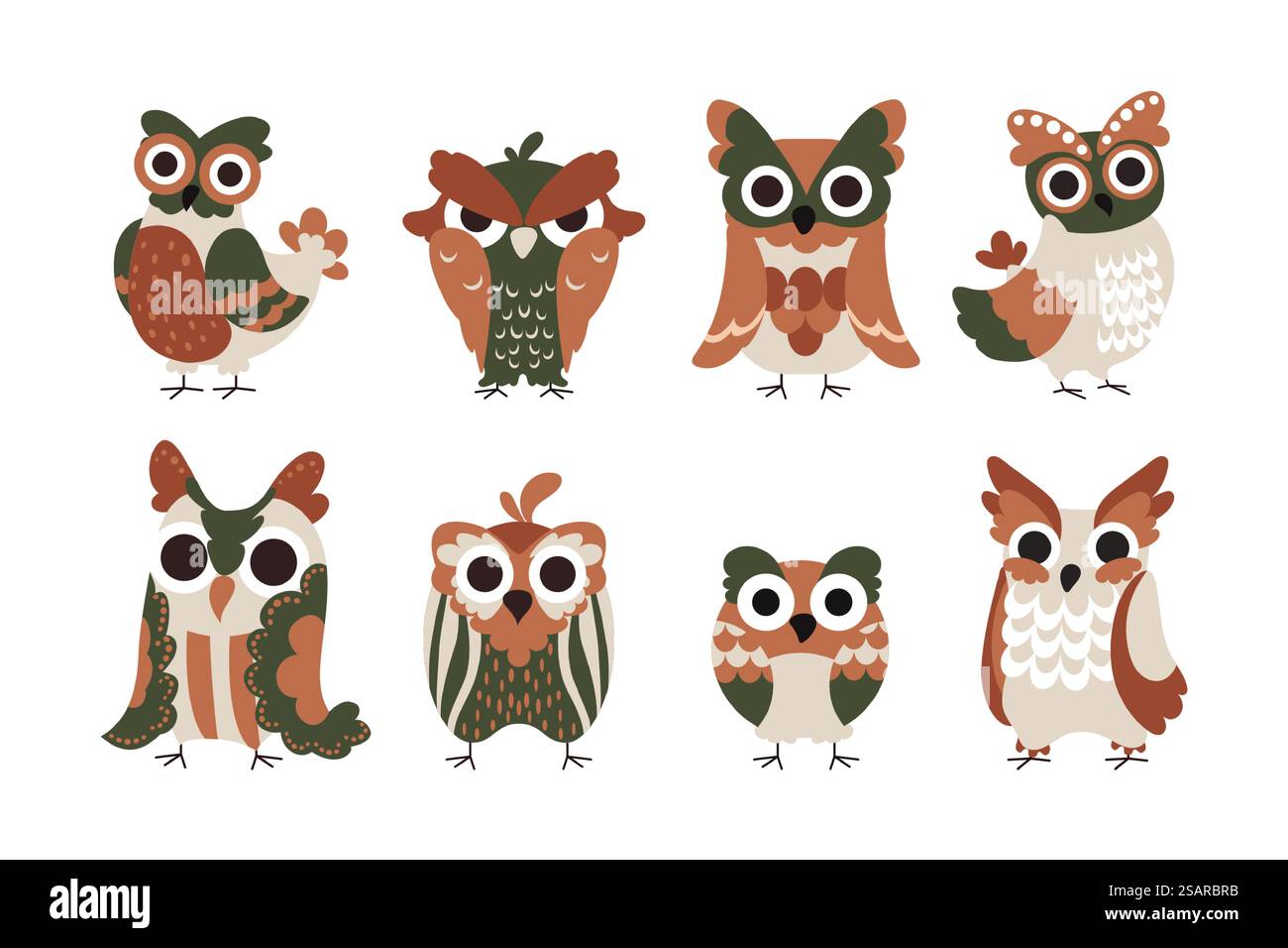 Personaggi del gufo. Cuccioli cartoni animati con grandi occhi divertenti e piume colorate. Animali selvatici isolati della foresta volante. Segno di saggezza. Creature carine arrabbiate, felici o sorprese. Set di guanciali vettoriali per bambini. Personaggi del gufo. Cuccioli cartoni animati con grandi occhi divertenti e piume colorate. Animali selvatici isolati volanti. Segno di saggezza. Creature carine arrabbiate, felici o sorprese. Set di owlet vettoriali Illustrazione Vettoriale