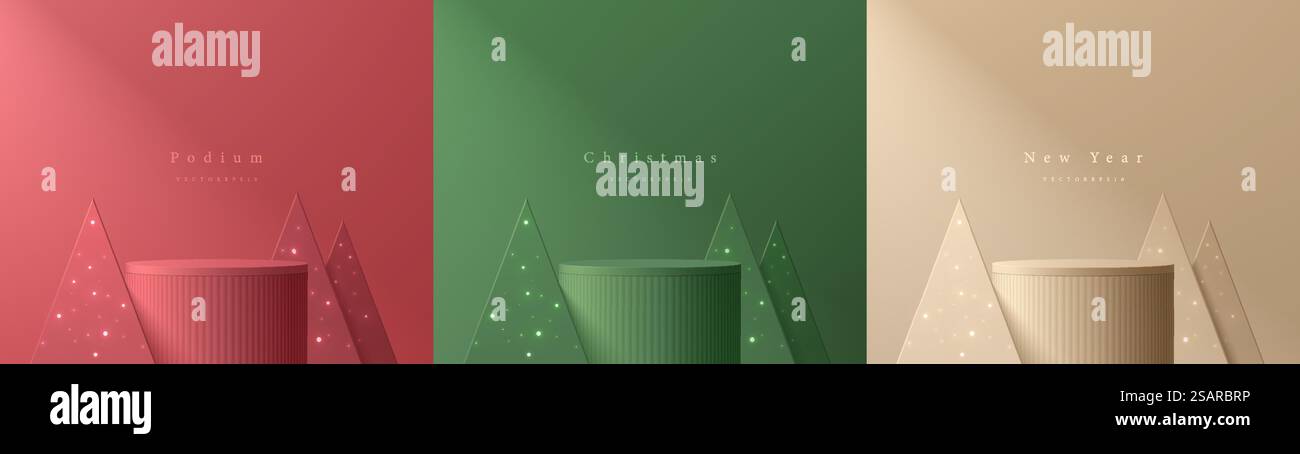 Set di sfondo 3D Merry christmas con podio realistico per cilindri rosso, crema e verde. Lampadina al neon sull'albero di natale. Display del prodotto per il modello vettoriale. Scenografia murale minimale. Palcoscenico per la vetrina. Illustrazione Vettoriale