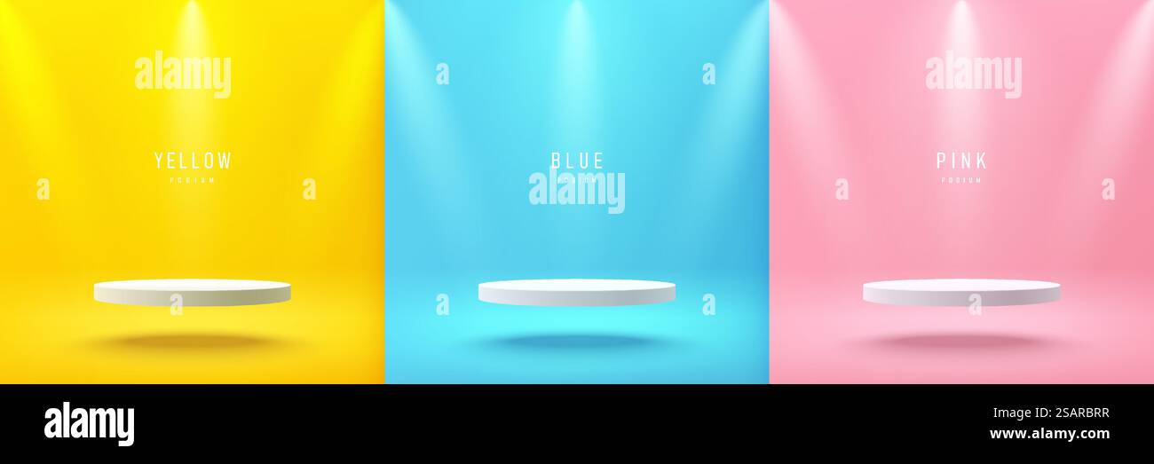 Set di podio con piedistallo per cilindri 3d giallo, blu e rosa che galleggia sull'aria con faretti. Forme geometriche di rendering vettoriale astratto. Scena minimalista. Vetrina scenica, esposizione dei prodotti Mockup. Illustrazione Vettoriale