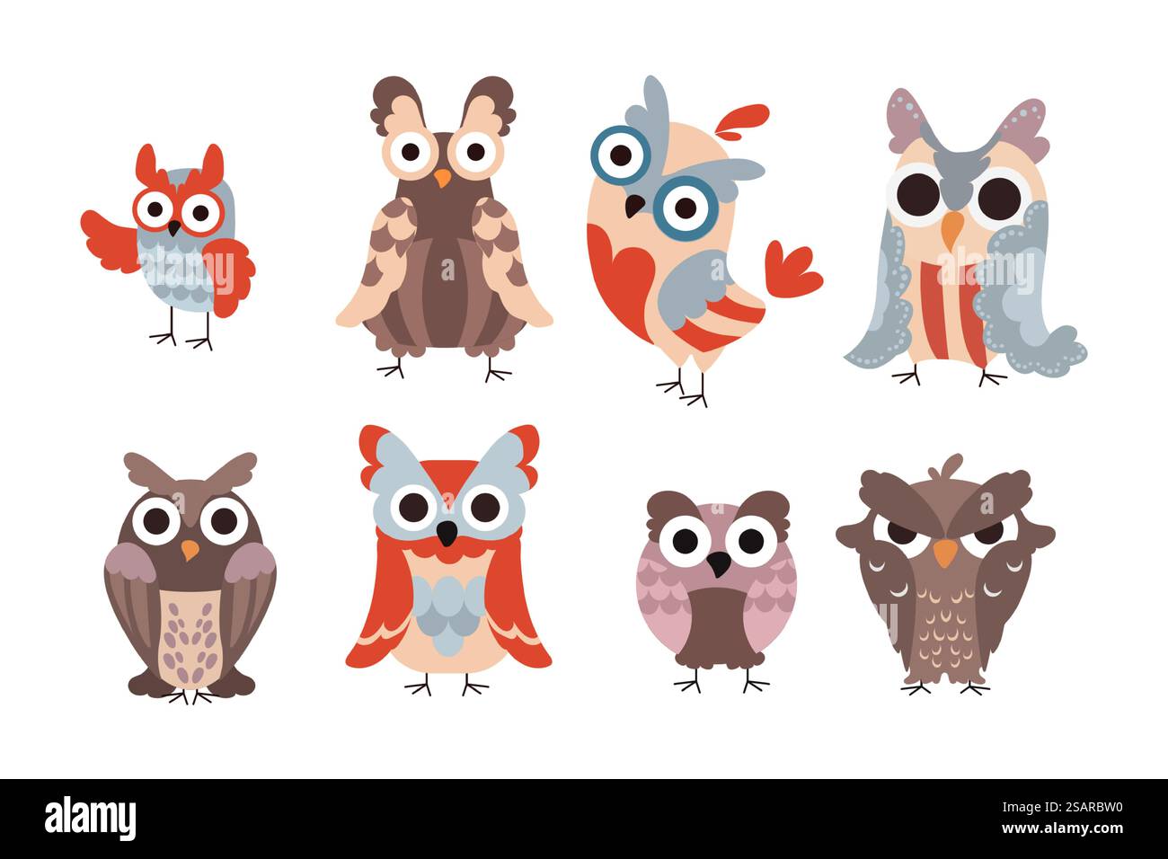 Gufi dei cartoni animati. Simpatici personaggi di animali selvatici con occhi e piume divertenti. Grafica in stile infantile con uccelli isolati. Simbolo di saggezza. Creature alate con espressioni diverse. Set per la fauna volante vettoriale. Gufi dei cartoni animati. Personaggi di animali selvatici con occhi e piume divertenti. Uccelli isolati, grafica infantile. Simbolo di saggezza. Creature alate con espressioni diverse. Set per la fauna volante vettoriale Illustrazione Vettoriale