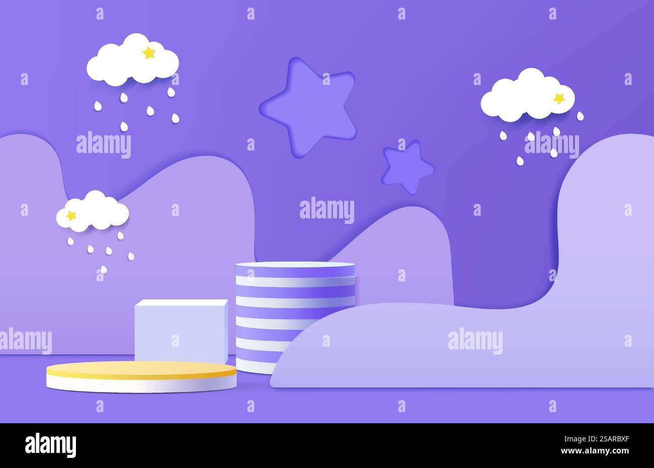 podio 3d su sfondo forme geometriche astratte con nuvola carina per bambini Illustrazione Vettoriale