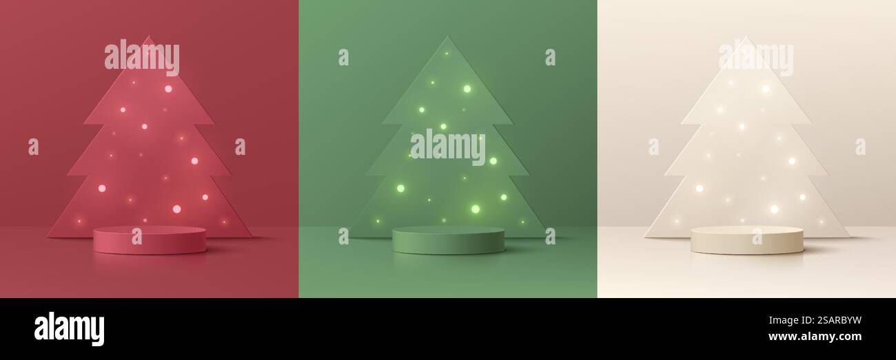 Set di 3D astratti con podio realistico rosso, crema e verde. Lampadina al neon sullo sfondo dell'albero di natale. Forme geometriche vettoriali. Display del prodotto di mockup. Scenografia murale minimale. Vetrina sul palcoscenico. Illustrazione Vettoriale
