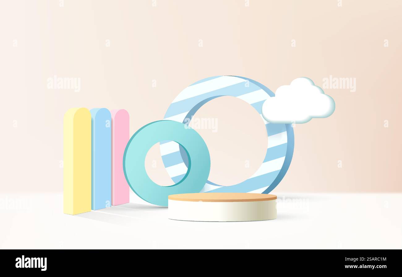 podio 3d su sfondo pastello forme geometriche astratte per l'esposizione di prodotti per bambini Illustrazione Vettoriale