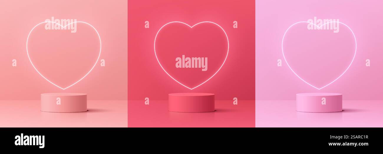 Set di sfondo 3D per san valentino con podio a piedistallo cilindrico rosa e rosso corallo. Forma a cuore chiaro al neon. Forma geometrica vettoriale. Display del prodotto di mockup. Scenografia murale minimale. Vetrina sul palcoscenico. Illustrazione Vettoriale