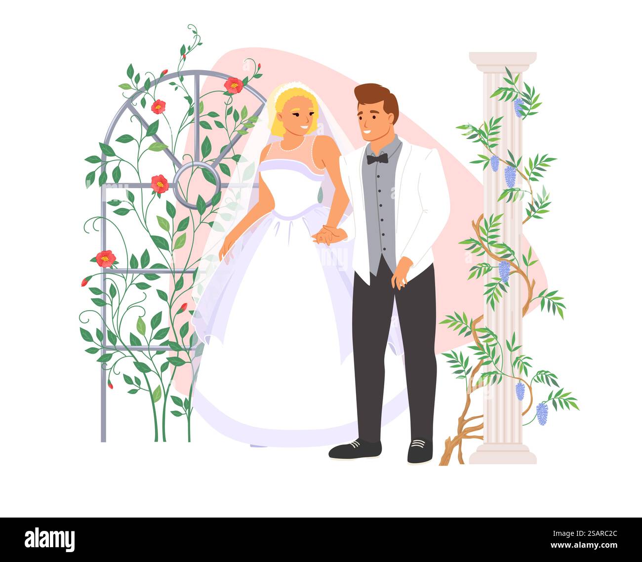 Lo sposo e la sposa indossano un abito cerimoniale e una tuta in piedi sull'arco floreale per un'illustrazione vettoriale del set fotografico. Cerimonia di nozze, concetto di festa di matrimonio. Sposo e sposa indossano un abito cerimoniale e un'illustrazione vettoriale Illustrazione Vettoriale