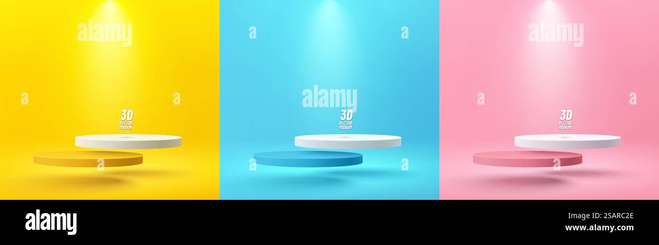 Set di gradini 3d gialli, blu, rosa e bianchi realistici podio galleggiante sull'aria. Il vettore di sfondo astratto esegue il rendering delle forme geometriche. Scena minimalista. Vetrina scenica, esposizione dei prodotti Mockup. Illustrazione Vettoriale