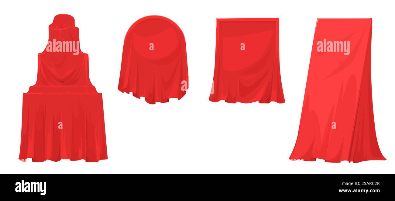 Illustrazione vettoriale della copertina in tessuto rosso. Tenda in tessuto per nascondere l'oggetto sotto per un set isolato a sorpresa. Tendaggi di seta, coperta di raso per esposizioni, esposizioni, presentazioni alla moda. Copertura in tela rossa, tenda in tessuto per nascondere l'oggetto sotto Illustrazione Vettoriale