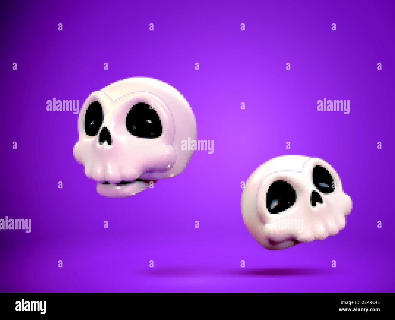 teschi 3d carini isolati su sfondo viola. Elementi adatti per dia de los Muertos o Halloween. graziosi teschi bianchi in 3d. Illustrazione Vettoriale