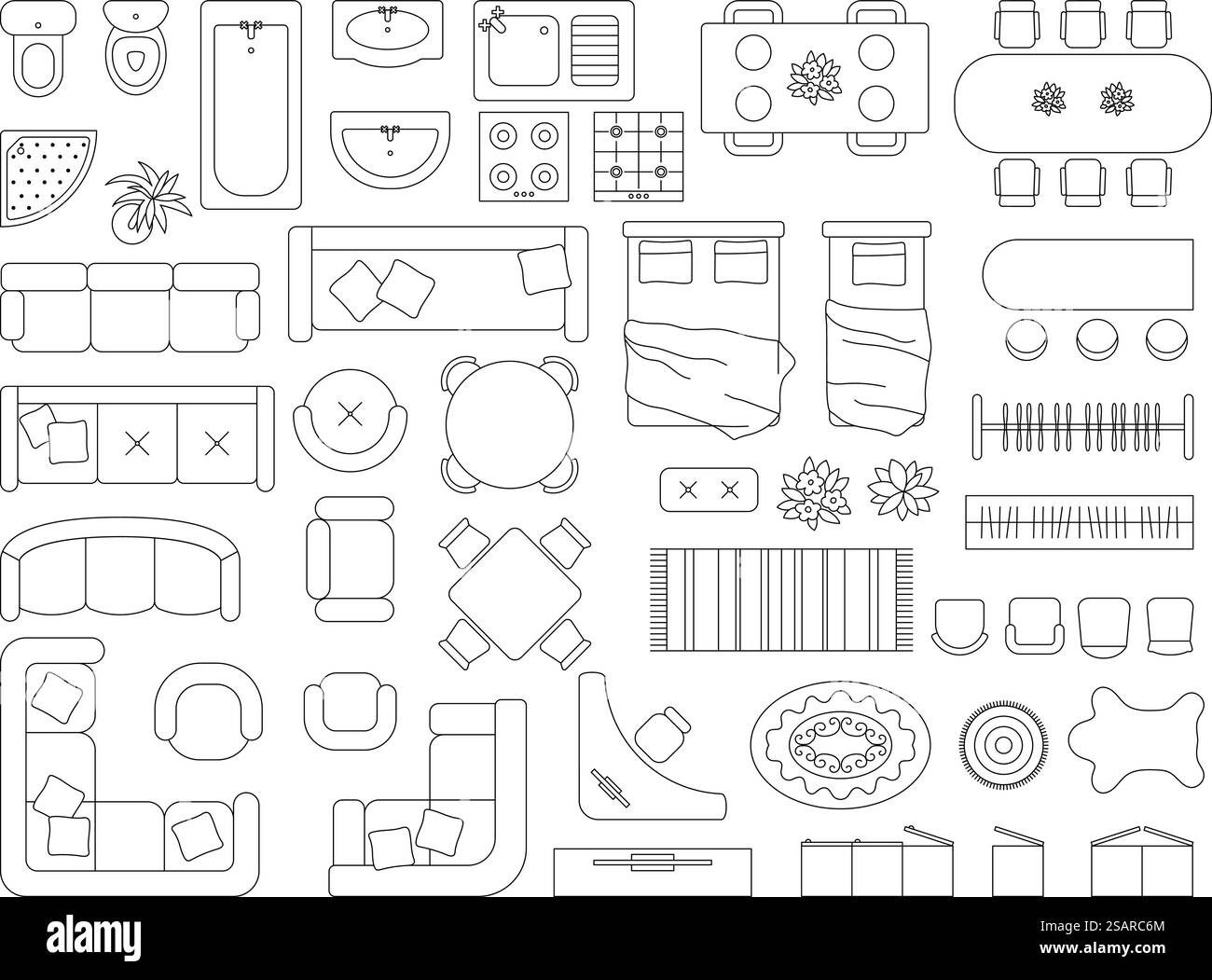 Vista dall'alto dei mobili. Progettando schemi di decorazione per interni moderni all'interno delle camere disegnando mobili di recente contorno vettoriale degli appartamenti. Illustrazione di mobili per la pianta dell'appartamento e per gli interni. Vista dall'alto dei mobili. Progettando schemi di decorazione per interni moderni all'interno delle camere disegnando mobili di recente contorno vettoriale degli appartamenti Illustrazione Vettoriale