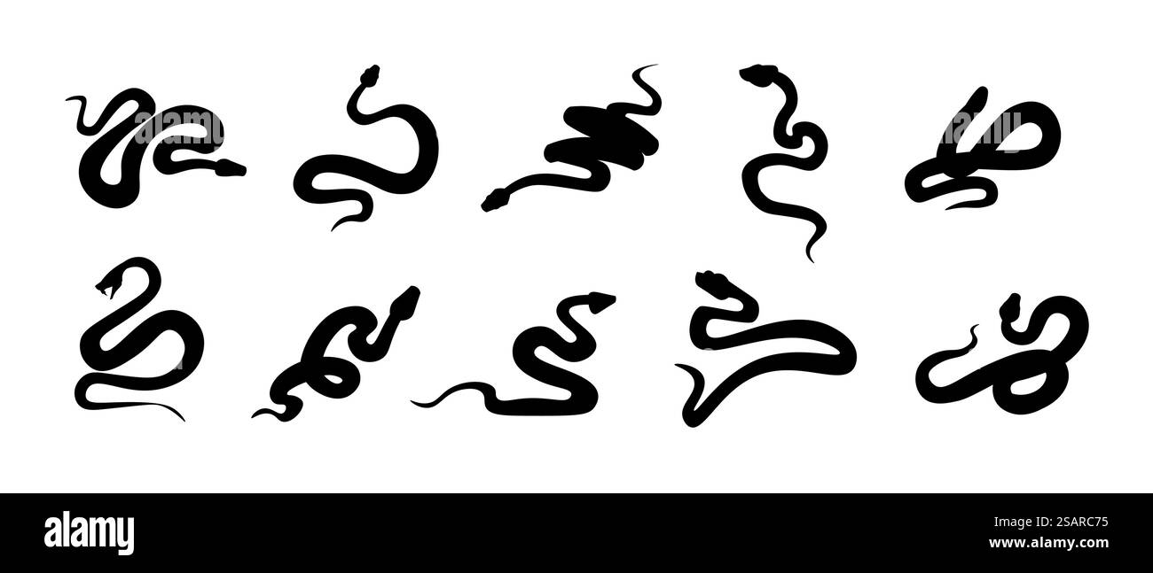 Serpenti neri. Sagome di rettili con code lunghe. Serpenti selvaggi. Forme semplici isolate su bianco. Segni grafici di animali vertebrati pericolosi. Modello tatuaggio. Predatori vettoriali a sangue freddo. Serpenti neri. Sagome di rettili con code lunghe. Serpenti selvaggi. Forme semplici sul bianco. Segni di animali vertebrati pericolosi. Modello tatuaggio. Predatori vettoriali a sangue freddo Illustrazione Vettoriale