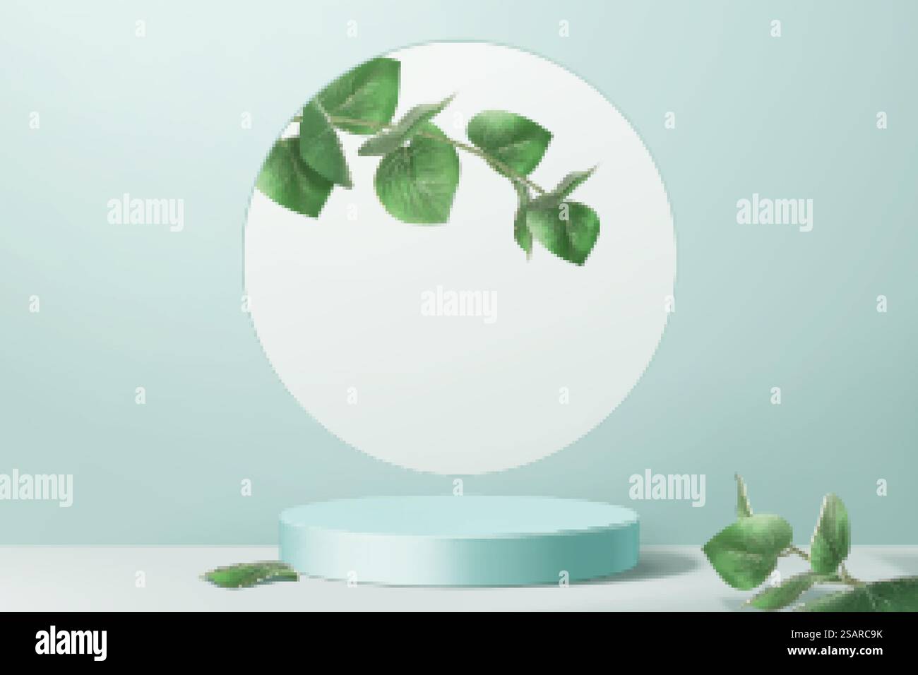 Espositore di prodotti decorato con foglie su sfondo azzurro, illustrazione 3D. Podio display prodotto Illustrazione Vettoriale