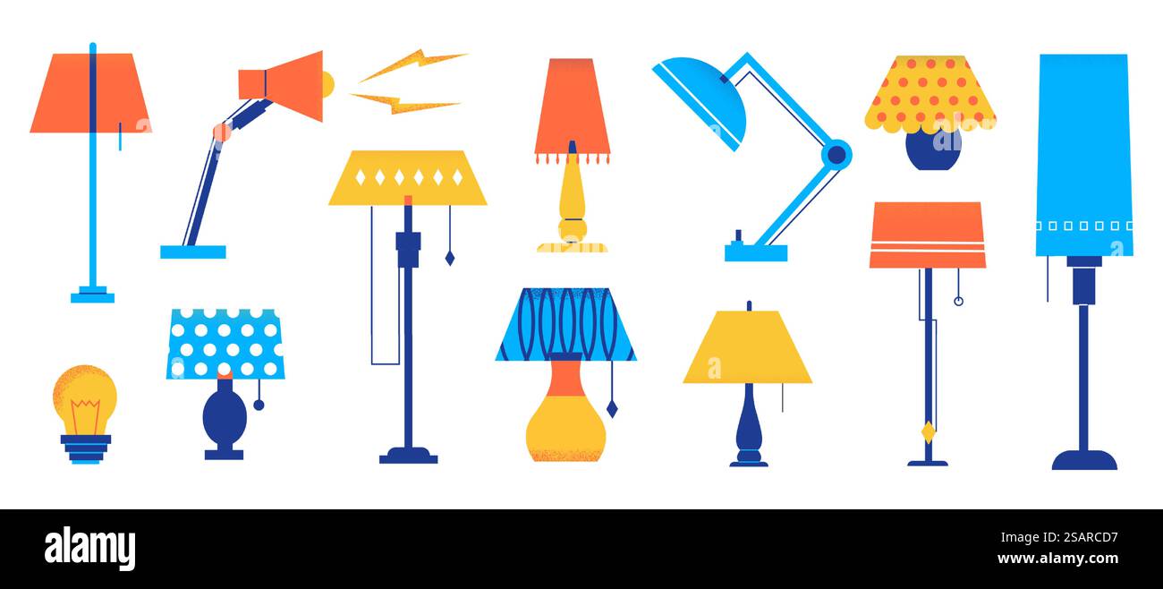 Luce abitacolo. Elementi decorativi Cartoon Home Light. Apparecchiature di illuminazione per tavoli e pavimenti. Lampade moderne o retrò. Mobili isolati. Collezione di torcere elettriche. Set di illuminazione vettoriale della stanza. Luce abitacolo. Elementi decorativi per la luce dei cartoni animati. Illuminazione del tavolo e del pavimento. Lampade moderne o retrò. Mobili isolati. Collezione di torcere elettriche. Set di illuminazione vettoriale della stanza Illustrazione Vettoriale