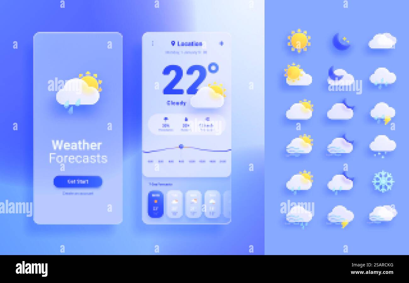 modello di app per le previsioni meteo del vetro 3d. Modello di interfaccia mobile. Le icone meteo vengono impostate su sfondo blu. Progettazione dell'interfaccia dell'app meteo mobile Illustrazione Vettoriale