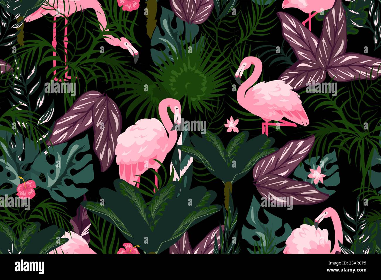 Sfondo di fenicottero. Carta da parati cartoni animati con uccelli rosa esotici e foglie di palma tropicale. Motivo senza cuciture per il fogliame della giungla. Flora e fauna estive. Mockup con stampa tessile vettoriale delle piante della foresta pluviale. Sfondo di fenicottero. Carta da parati cartoni animati con uccelli rosa esotici e foglie di palma tropicale. Motivo senza cuciture per il fogliame della giungla. Flora e fauna estive. Mockup tessile vettoriale per piante della foresta pluviale Illustrazione Vettoriale
