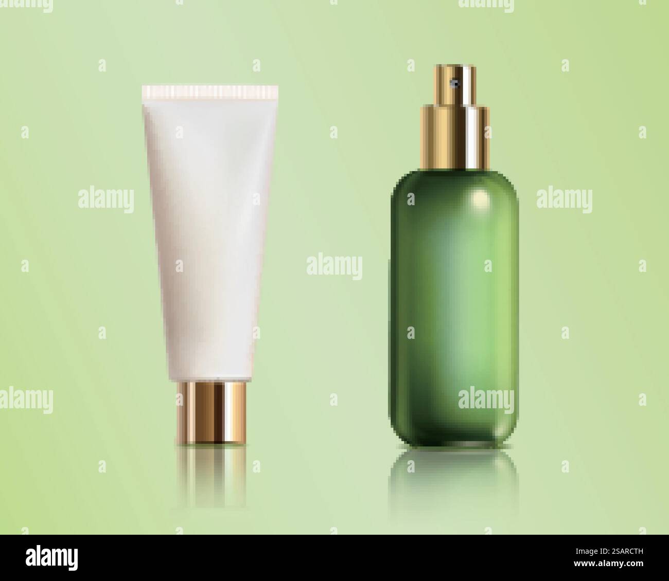 illustrazione 3d di contenitori cosmetici, tra cui tubo di plastica bianco e flacone con erogatore in vetro verde. Isolato su sfondo verde. set contenitore cosmetico 3d. Illustrazione Vettoriale