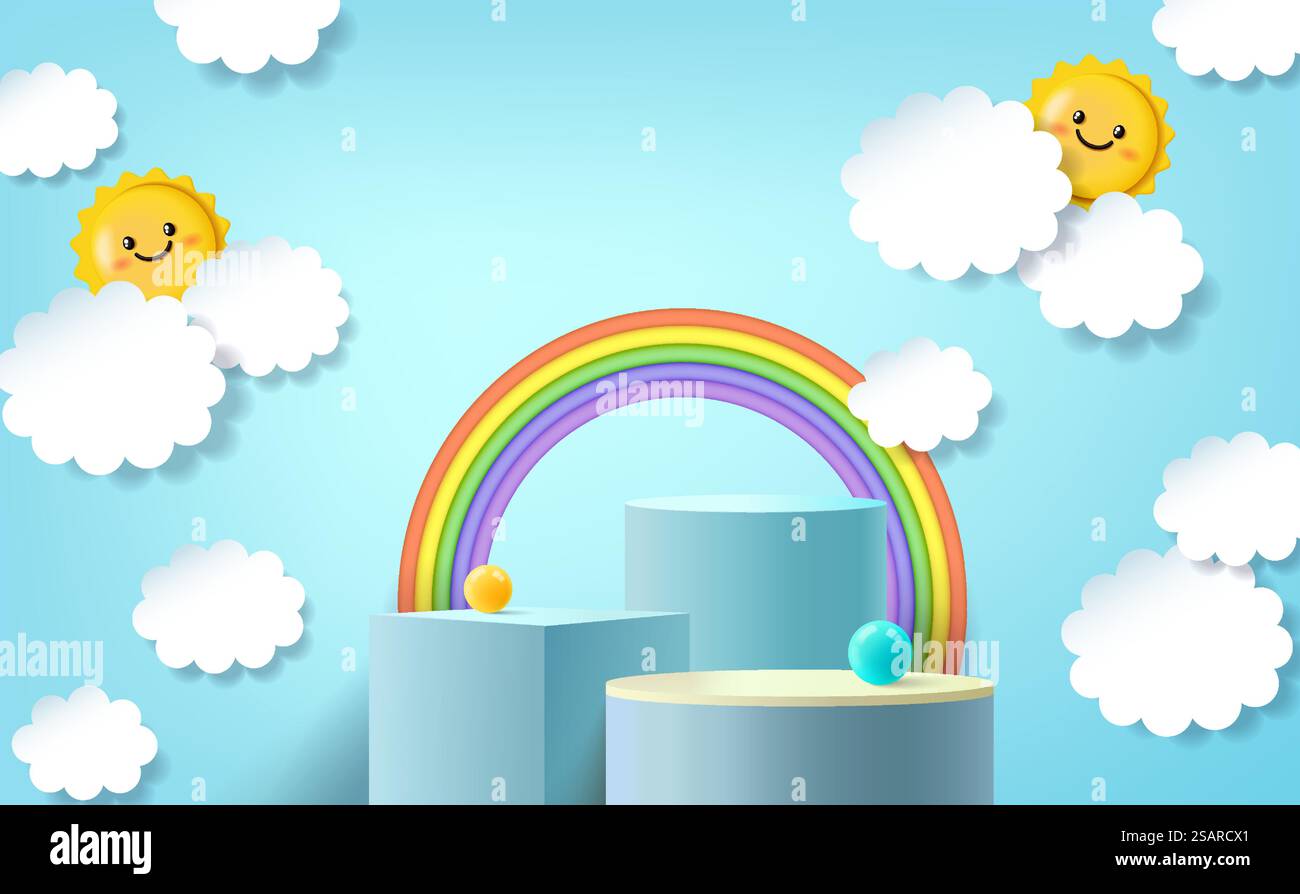 podio 3d su sfondo colorato con nuvole e grazioso arcobaleno, esposizione di prodotti per bambini. Illustrazione Vettoriale