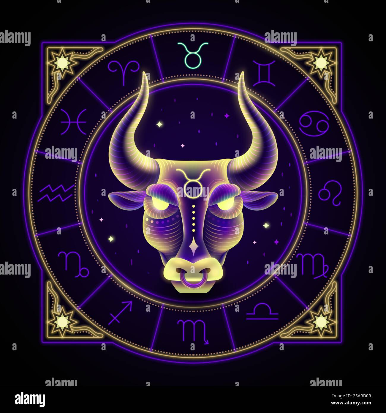 Segno zodiaco del Toro rappresentato dalla faccia di un toro. Simbolo dell'oroscopo al neon in cerchio con altri segni astrologici intorno. Segno zodiacale al neon di Toro Illustrazione Vettoriale
