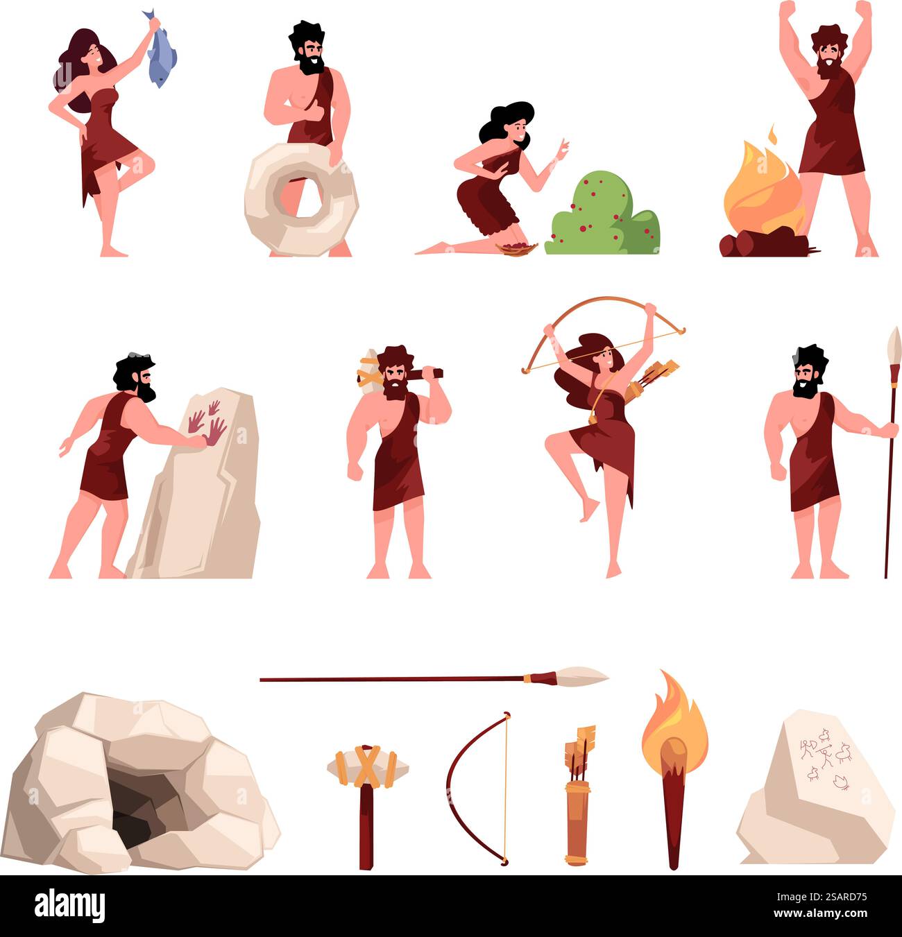 Oggetti per persona in grotta. Armi di pietra corde fuoco falò per i personaggi neandrathal dei cacciatori d'epoca preistorica per un gigantesco set di vettori. Illustrazione di persone che disegnano grotta, tribù uomo preistorico. Oggetti per persona in grotta. Armi di pietra corde fuoco falò per i personaggi neandrathal dei cacciatori d'epoca preistorica per un gigantesco set di vettori Illustrazione Vettoriale