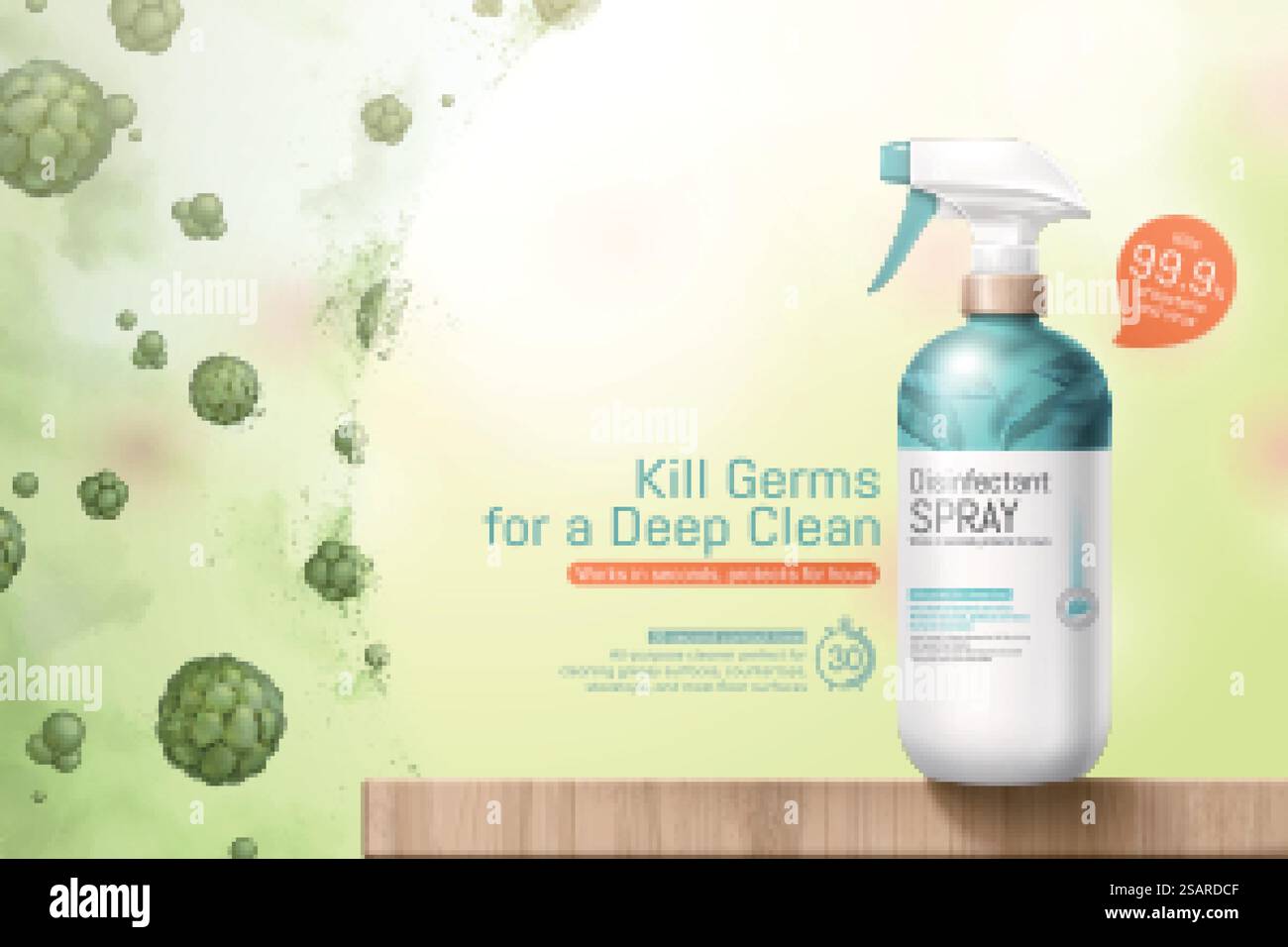 Modello ad spray disinfettante, realistico set di bolla su tavolo in legno con protezione contro i germi nocivi, illustrazione 3d. Modello ad spray disinfettante Illustrazione Vettoriale