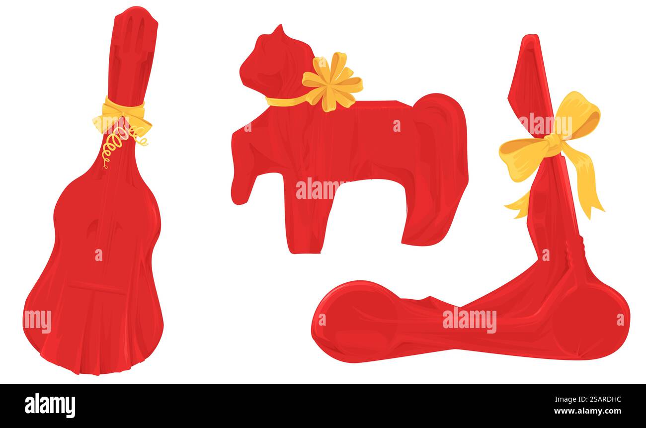 Diversi sono presenti nella forma di chitarra acustica, scultura animale, scooter elettrico o a spinta trasporto ecologico avvolta in carta rossa con illustrazione vettoriale di prua, set isolato su sfondo bianco. Diversi presenti avvolti in carta rossa con set isolato ad arco Illustrazione Vettoriale