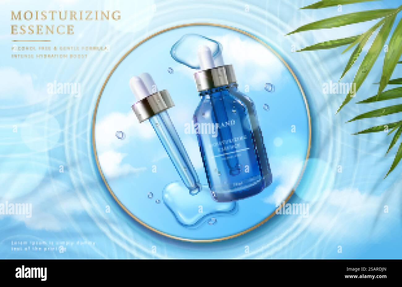 Annuncio cosmetico 3d Face Essence illustrazione di siero facciale leggermente strutturato e idratante sullo specchio galleggiante sull'acqua. annuncio cosmetico 3d face essence Illustrazione Vettoriale
