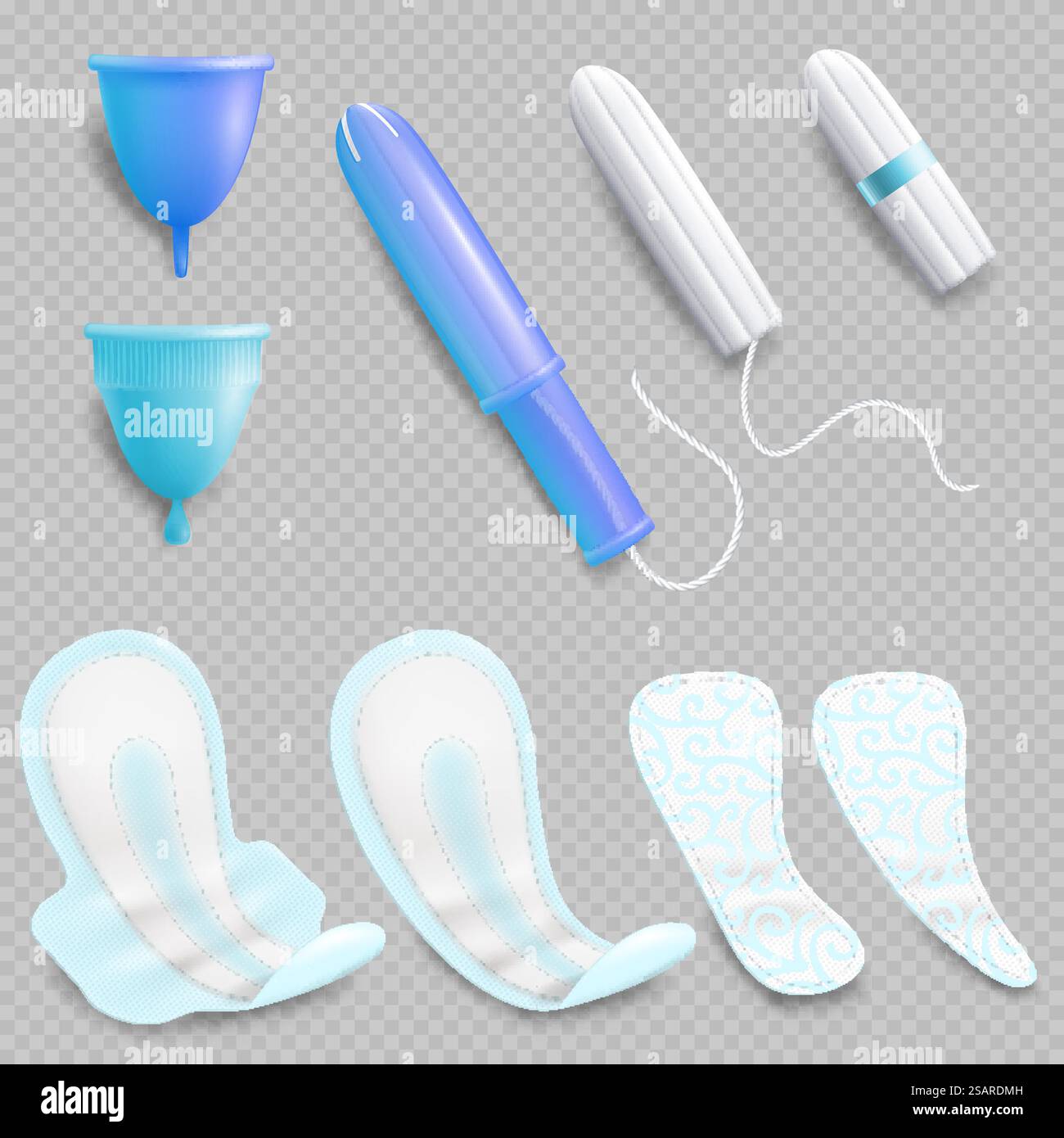 Prodotti per l'igiene femminile, illustrazione vettoriale isolata su sfondo trasparente. Tazza mestruale, tamponi, tamponi o assorbenti sanitari. Set di prodotti per l'igiene femminile, illustrazione con isolamento vettoriale Illustrazione Vettoriale