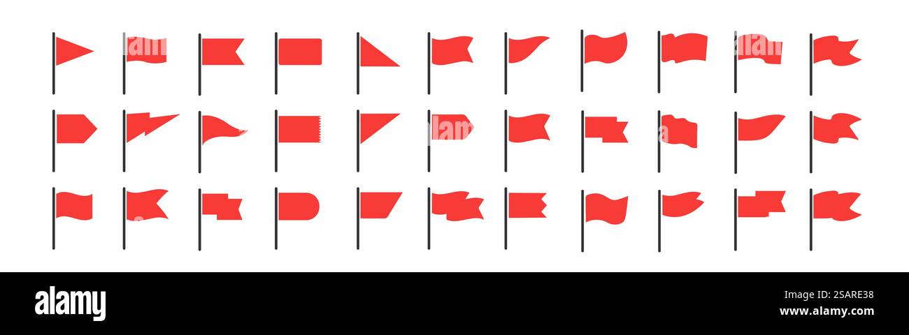 Set di vettori per l'icona Red flag. Simboli di inizio e fine. Marcatori della mappa per il punto gps. Concetto di puntatore, etichetta e segno importante Illustrazione Vettoriale