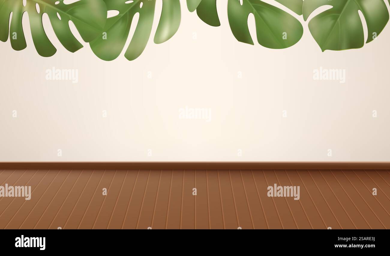 Scena minimale astratta con pavimento in legno marrone, parete bianca e foglie di Monstera. Poster della vetrina vettoriale Illustrazione Vettoriale