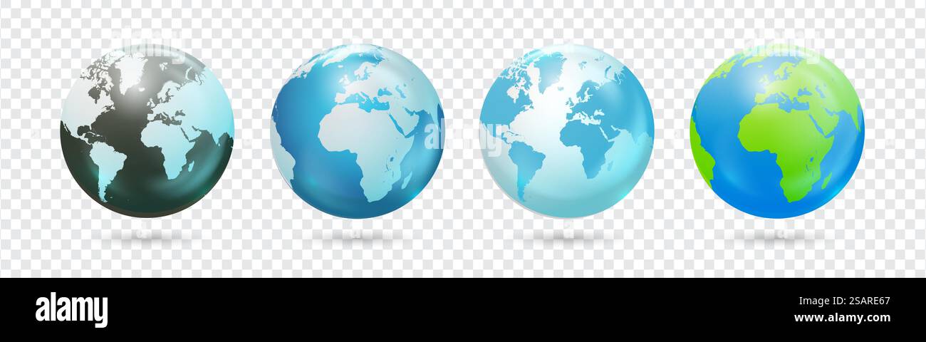 Set di globi mondiali. Illustrazione vettoriale del pianeta terrestre. Mappa del mondo rotonda a forma di globo con ombra Illustrazione Vettoriale