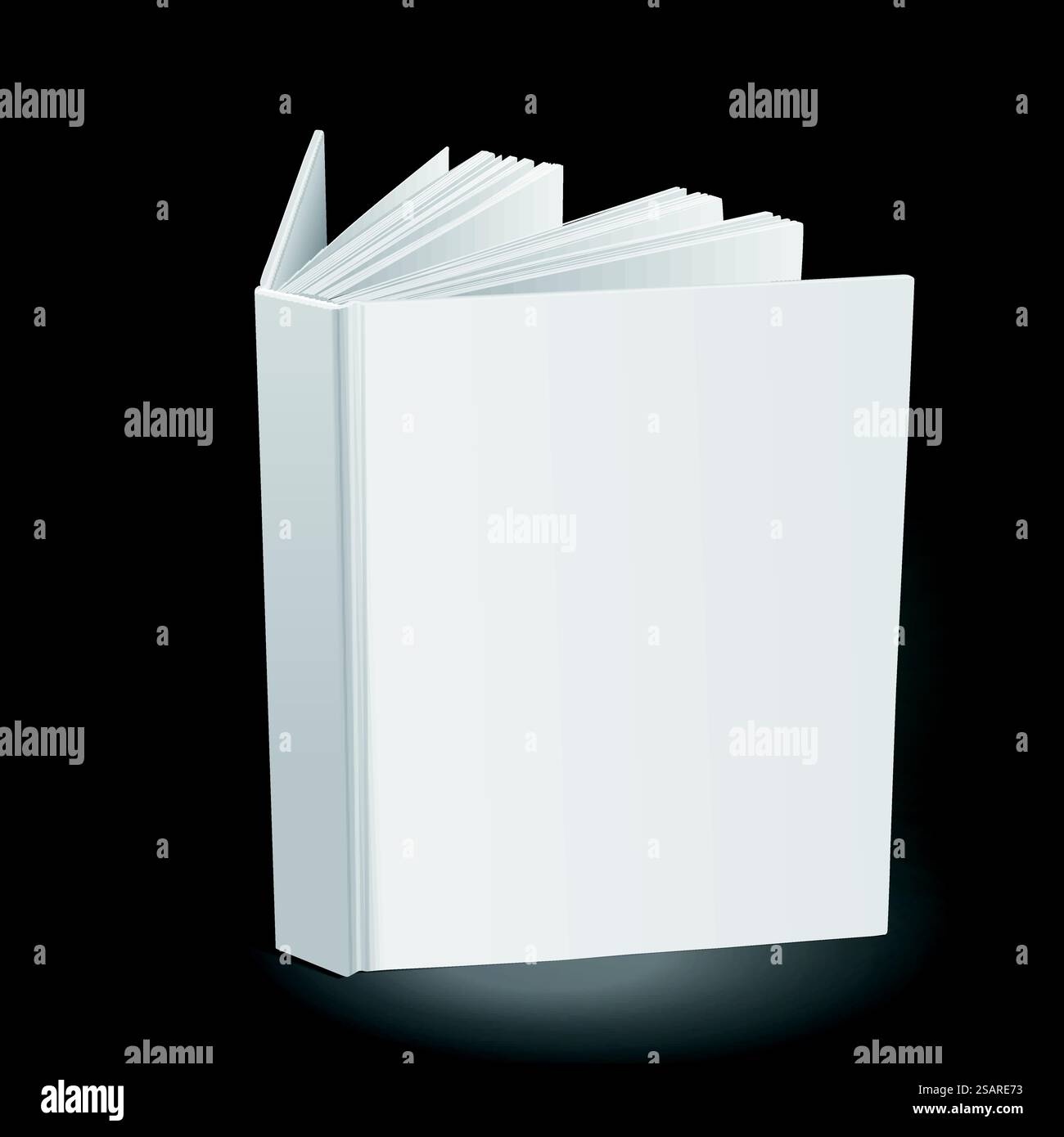 aprire un libro vuoto isolato su sfondo nero. Illustrazione 3D... libro con copertina rigida vuota Illustrazione Vettoriale